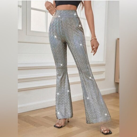Silver High Waist Flare Leg Metallic Pants - Picture 2 of 7